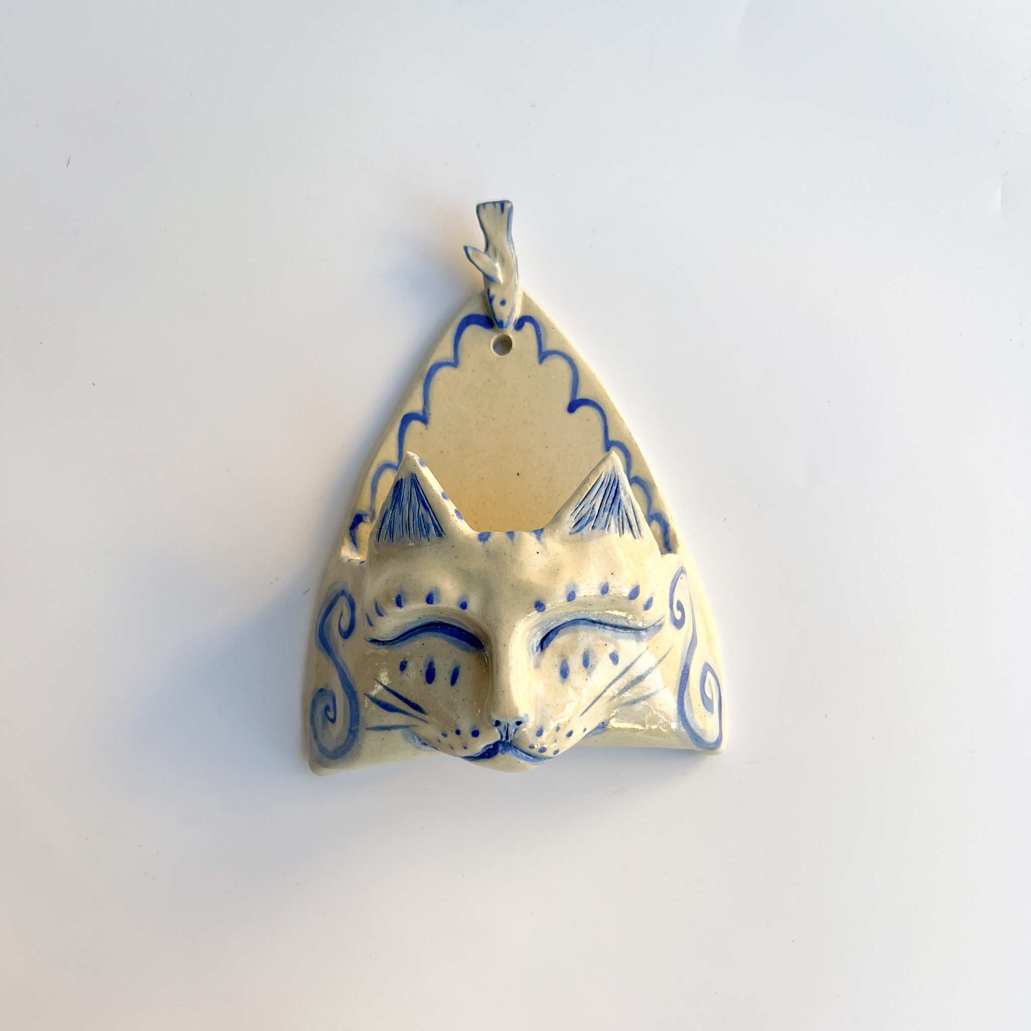 Large Cat Wall Pocket Blue and White